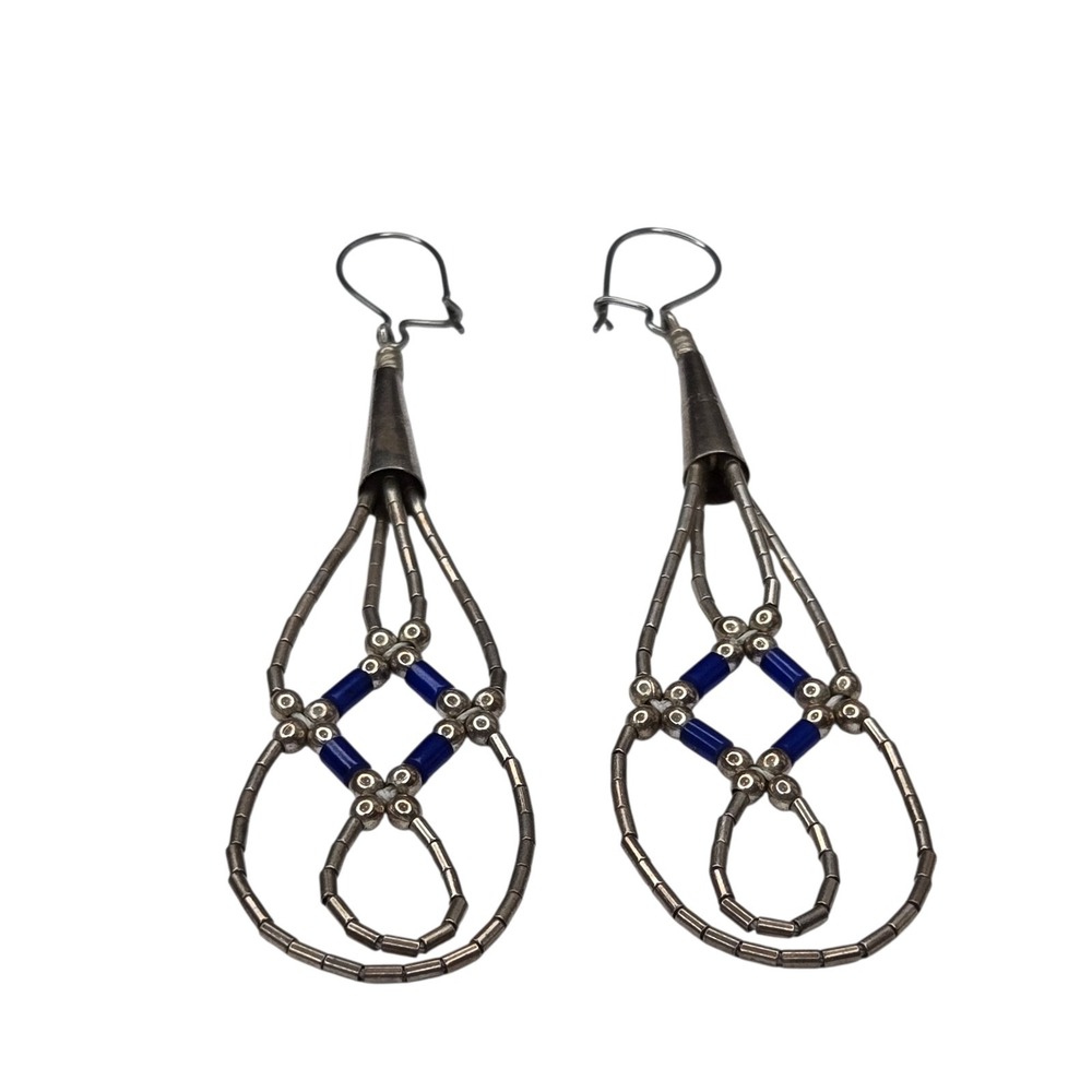 Vintage Dangle Earrings Sterling Silver Blue Lapis Lazuli Liquid Silver Bead - Picture 2 of 2
